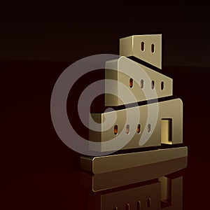 Gold Babel tower bible story icon isolated on brown background. Minimalism concept. 3D render illustration