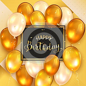 Gold Background and Golden Lettering Happy Birthday and Balloons