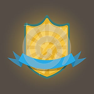 Gold and badge with ribbon . The concept of victory. Vector illustration.