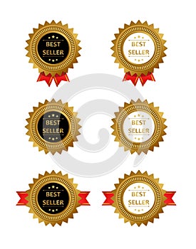 Gold badge seal quality label. Sale medal badge, best seller stamp, gold genuine emblem guarantee, best seal, blank vector set