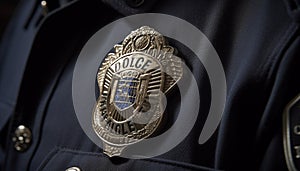 Gold badge symbolizes authority and honor in police force uniform generated by AI