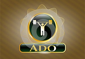 Gold badge with weightlifting icon and Ado text inside