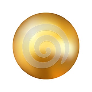 Gold ball on white backdrop. Realistic golden sphere. Yellow glossy element with reflections. Festive round object with