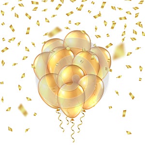Gold balloon background. Golden realistic 3D balloons foil glitter mockup. Vector anniversary background.