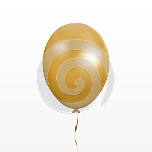 Gold balloon vector. Party baloon with ribbon and shadov isolated on white background. Flying 3d bal