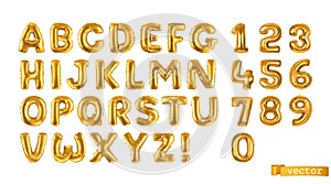 Gold balloons, alphabet letters and numbers. 3d vector realistic symbols. Festive decorations set