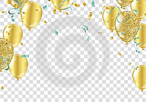 Gold balloons, confetti and streamers. Vector illustration.