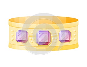 Gold bangle with realistic glowing purple gemstones. Vector isolated cartoon female jewelry bracelet