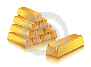 Realistic 3D rendering illustration of gold bars stacked in the shape of pyramid