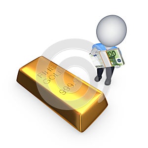 Gold bar and 3d small person with stack of euro.