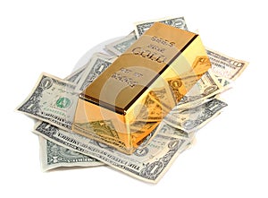 Gold bar with bank notes