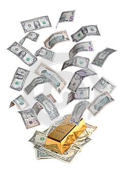 Gold bar with bank notes