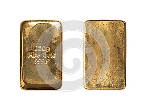 Gold bar, cast gold ingot or bullion, front and back side, from above