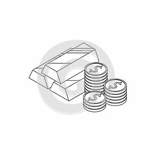 Gold Bar and Coin - Black Outline icon vector isometric