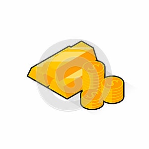 Gold Bar and Coin - Black Stroke+Shadow icon vector isometric