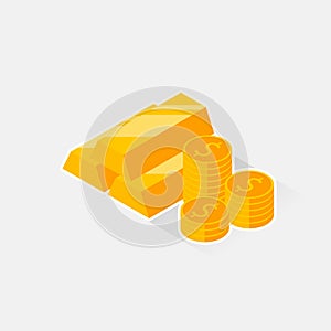 Gold Bar and Coin - White Stroke+Shadow icon vector isometric