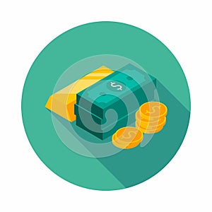 Gold Bar, Dollar and Coin icon vector isometric
