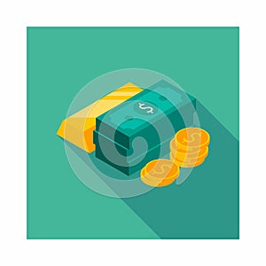 Gold Bar, Dollar and Coin icon vector isometric