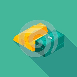 Gold Bar and Dollar icon vector isometric