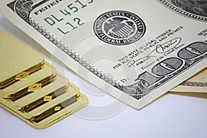 Gold bar ingot close up on the white background ,Gold bar ingot close up on the US money dollar background