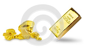Gold bar 1kg and Group of the precious gold nugget photo