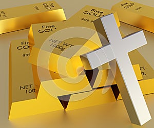 gold bar pure 24 carat or 999 fine gold with cross as a Christian symbol