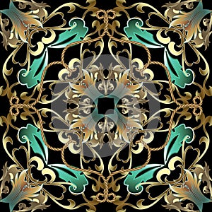 Gold Baroque 3d seamless pattern. Luxury ornamental floral background. Vintage golden flowers ornament with intricate ropes,