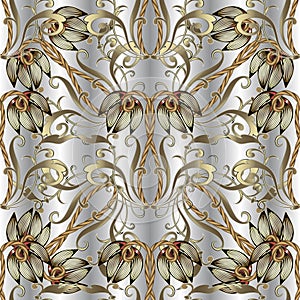 Gold Baroque 3d seamless pattern. Luxury ornamental silver floral background. Vintage golden tulips flowers ornament with