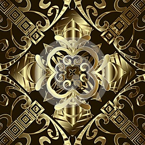 Gold Baroque 3d vector seamless pattern. Greek key meanders ornament. Floral Damask background. Repeat backdrop. Greek