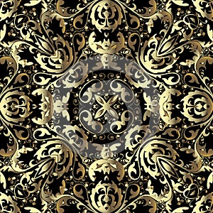 Gold Baroque 3d vector seamless pattern. Ornamental renaissance background. Vintage antique floral 3d golden ornament