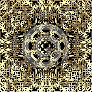 Gold Baroque 3d vector seamless pattern. Ornamental renaissance background. Vintage antique floral golden ornaments with