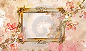 Gold baroque frame on floral background, space for text