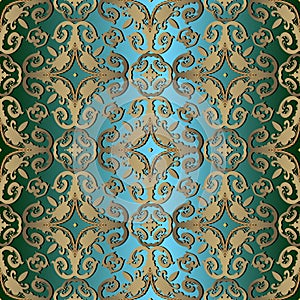 Gold Baroque seamless pattern. Silk gradient colorful vector background. Repeat floral backdrop. Baroque old style beautiful