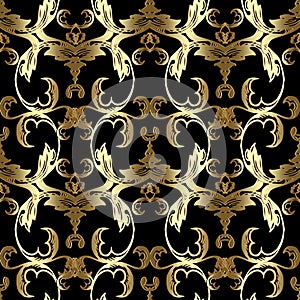 Gold Baroque seamless pattern. Vector floral black background wa