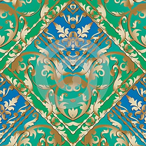 Gold Baroque striped seamless pattern. Blue and green floral vector baclground wallpaper with vintage golden damask