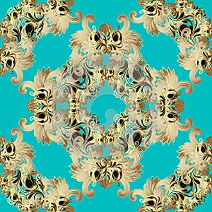 Gold Baroque vector seamless pattern. Light blue ornamental background. Repeat floral backdrop. Luxury golden flowers, scroll
