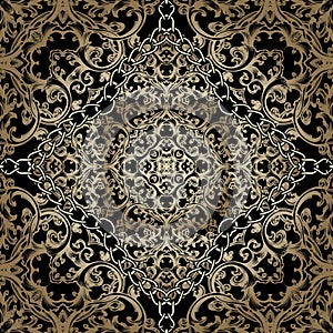 Gold Baroque vector seamless pattern. Old style floral Damask background. Beautiful repeat colorful backdrop. Antique Victorian