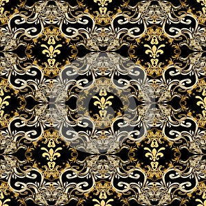 Gold Baroque vector seamless pattern. Ornamental antique background. Baroque Victorian style vintage floral ornament. Golden flow