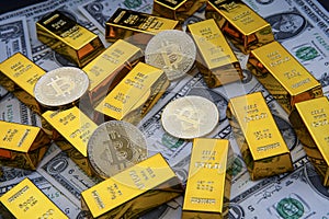 Gold bars and american one dollar bills. Scattered bitcoin digital cryptocurrency coin.
