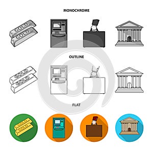 Gold bars, ATM, bank building, a case with money. Money and finance set collection icons in flat,outline,monochrome