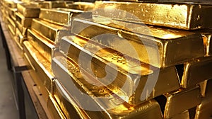 Gold bars background, many golden bricks stored in bank vault, shiny ingots or blocks close-up. Concept of money, wealth, finance
