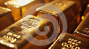 Gold bars background, many golden ingots in bank vault, shiny bricks or blocks close-up. Concept of money, wealth, finance, trade