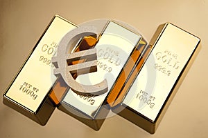 Gold bars closeup top view with euro mark