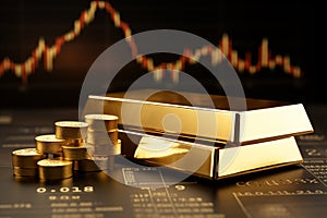 Gold bars and coins on the background of the financial chart. Business concept