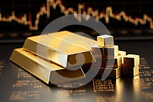 Gold bars and coins on the background of the financial chart. Business concept