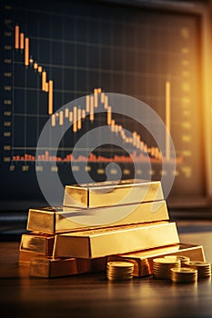 Gold bars and coins on the background of the financial chart. Business concept