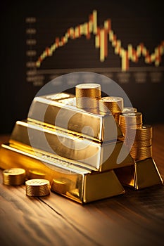 Gold bars and coins on the background of the financial chart. Business concept