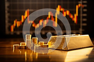 Gold bars and coins on the background of the financial chart. Business concept