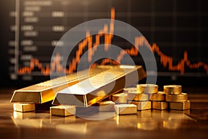 Gold bars and coins on the background of the financial chart. Business concept