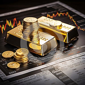 Gold bars and coins on the background of the financial chart. Business concept